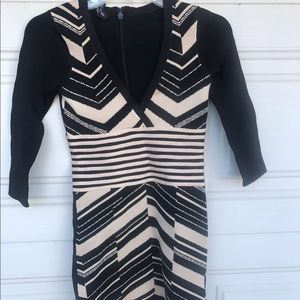 Black & Gold Long Sleeve V Neck Bebe Bodycon Dress